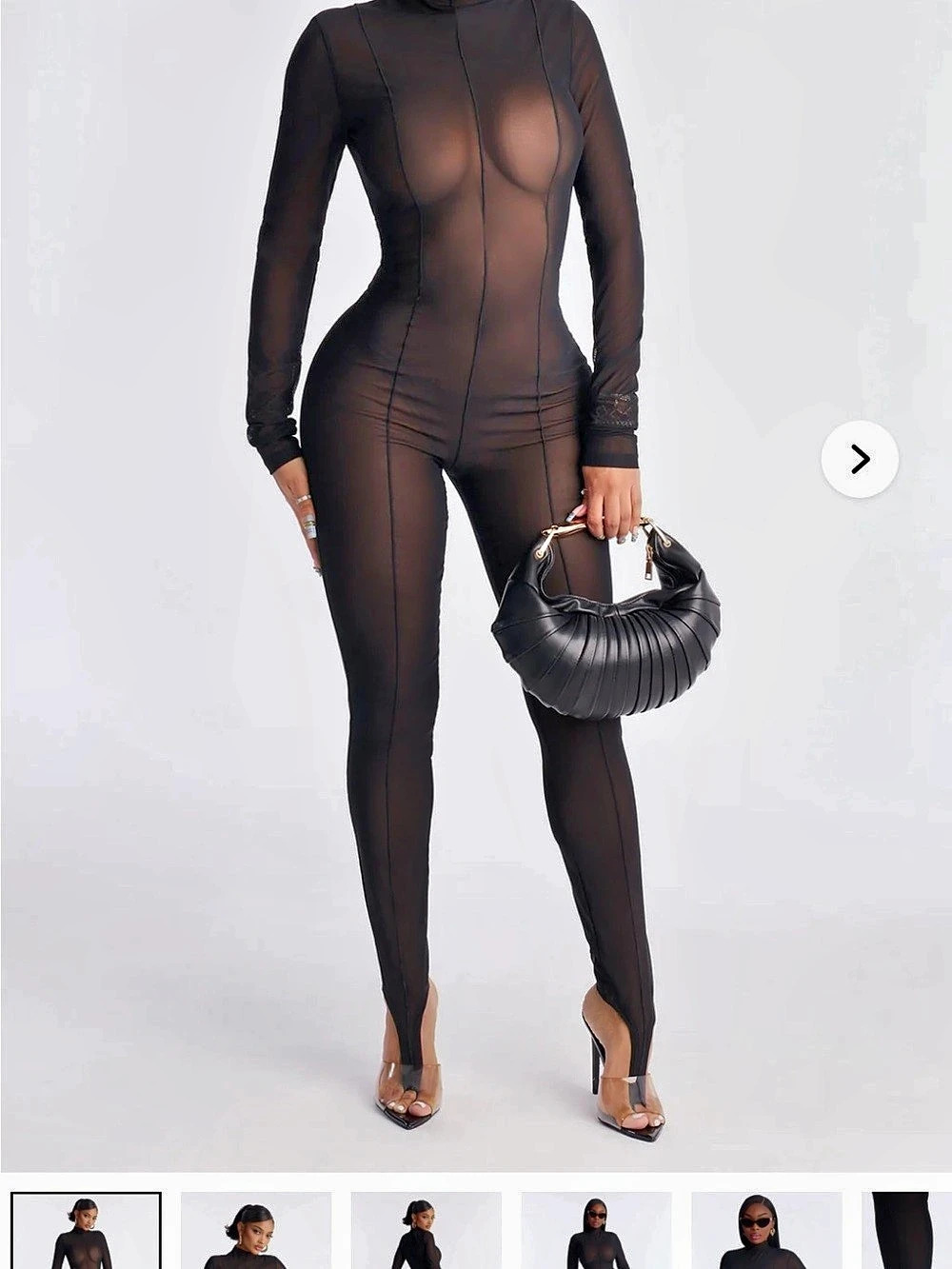 Fashion Nova Long Sleeve Stirrup Jumpsuit Black Like New, power mesh